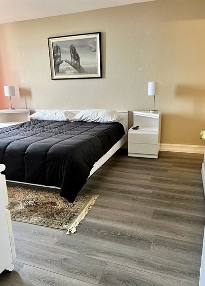 Primary bedroom with queen bed and wood-look flooring